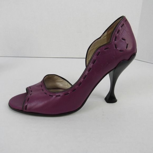 John Fluevog Hepburn Purple Leather Black Stitching Pumps Heels Open Toe - Picture 12 of 13